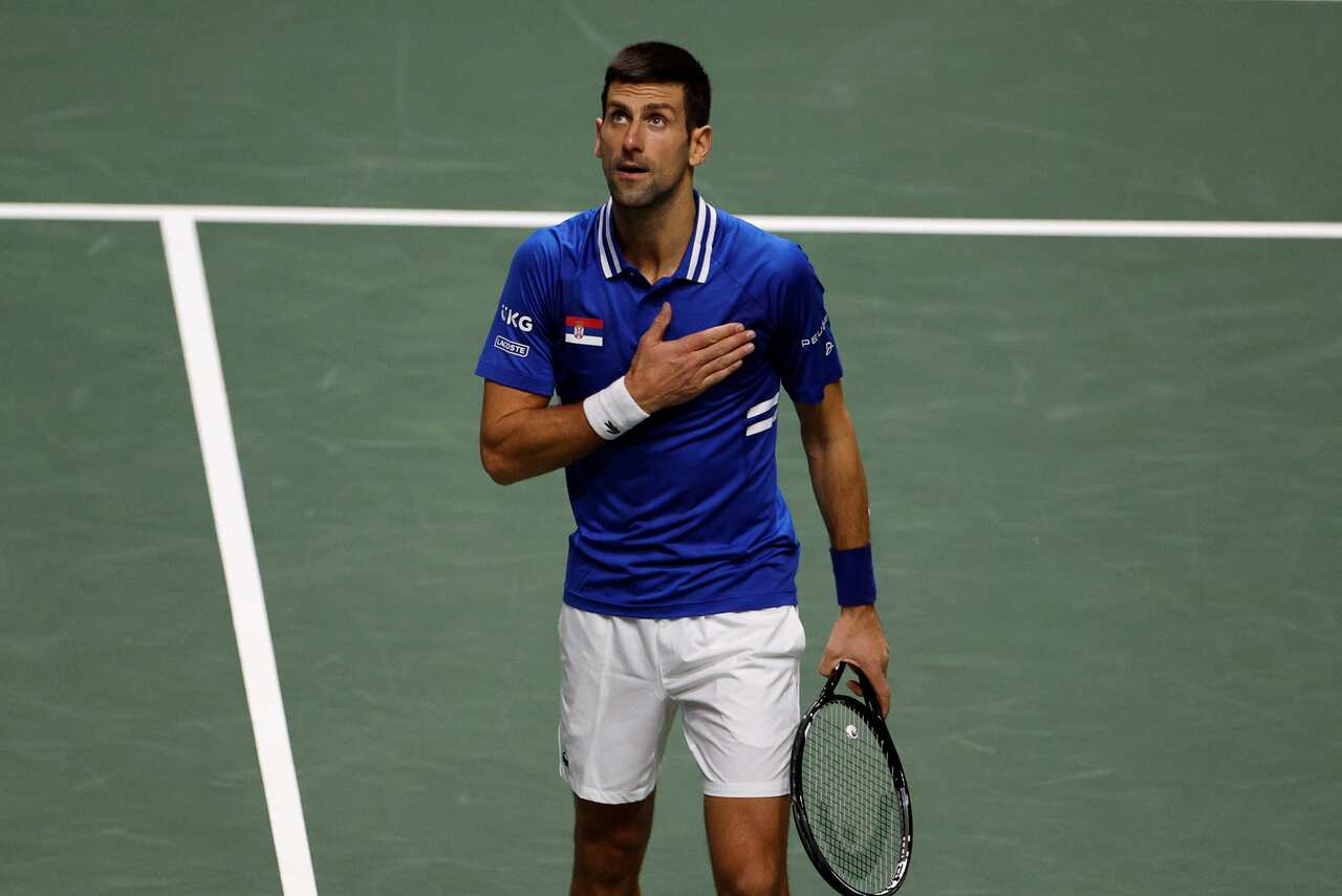 Novak Djokovic of Serbia celebrates a winning point against Marin Cilic of Croatia.