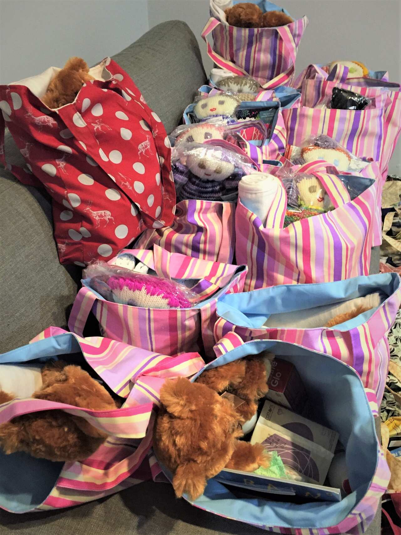 The bags conatin soft toys, basic items and books.