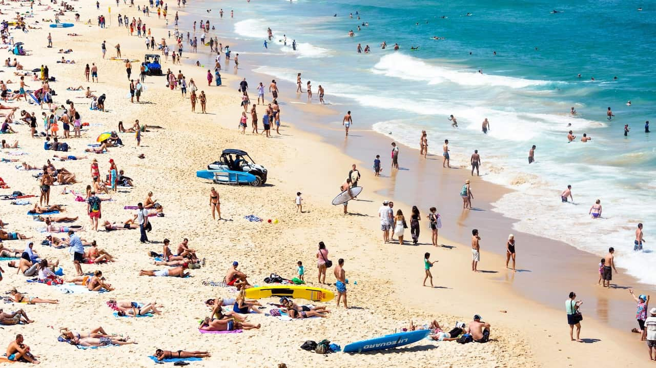 Crowded beach in hot summer day, Bondi beach Sydney Australia