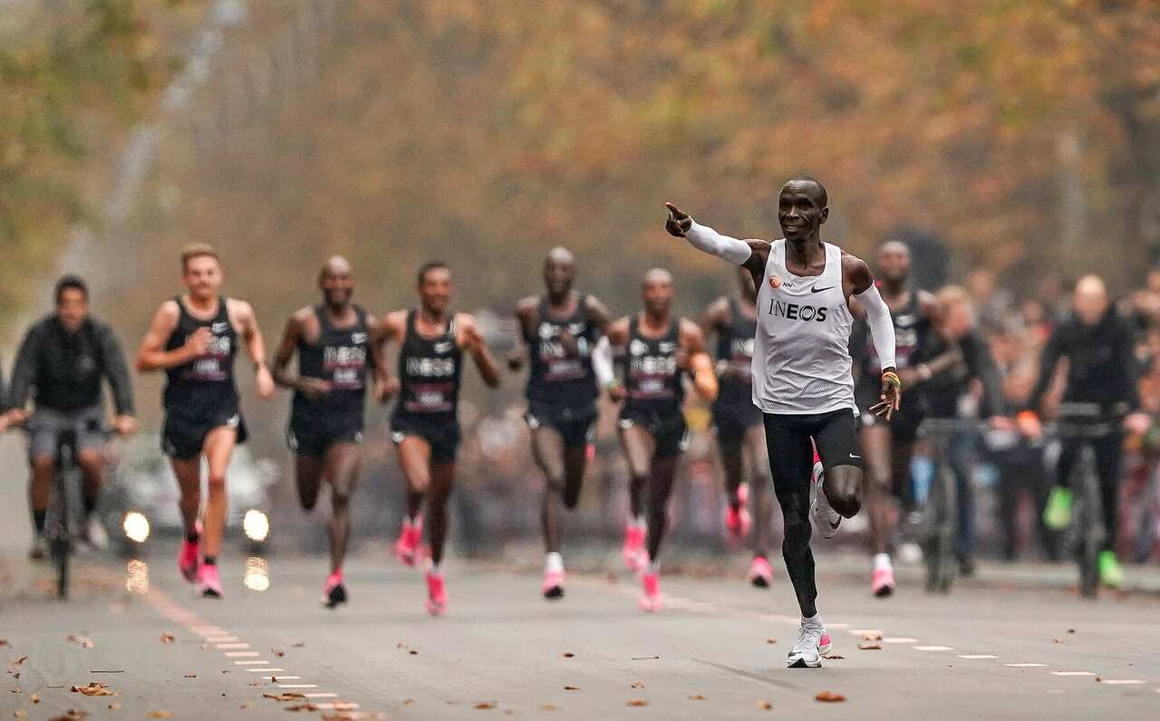 Eliud Kipchoge nears the finishing line in his historic sub two-hour marathon attempt