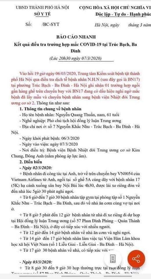 Thông báo nhanh của Sở Y Tế Hà Nội về lịch trình của Bệnh nhân thứ 21