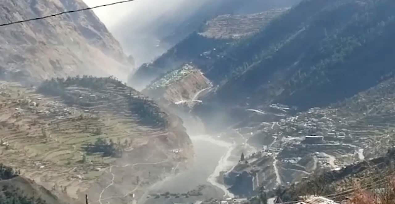 Water, mud and debris at Chamoli District after a portion of Nanda Devi glacier broke off in the northern state of Uttarakhand.