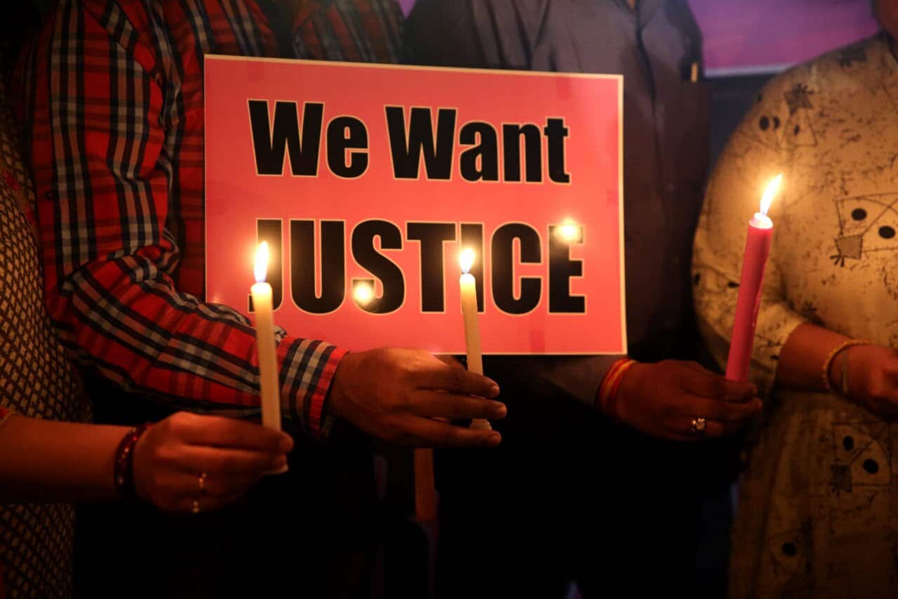 College girls and women take part in a candle light vigil to protest demanding justice against a gang-rape incident, in Bhopal, India, 07 November 2017.