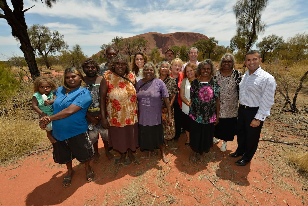 Michael Ebeid (right) at the relaunch of National Indigenous Television in Uluru, Wednesday, 12 December, 2012.