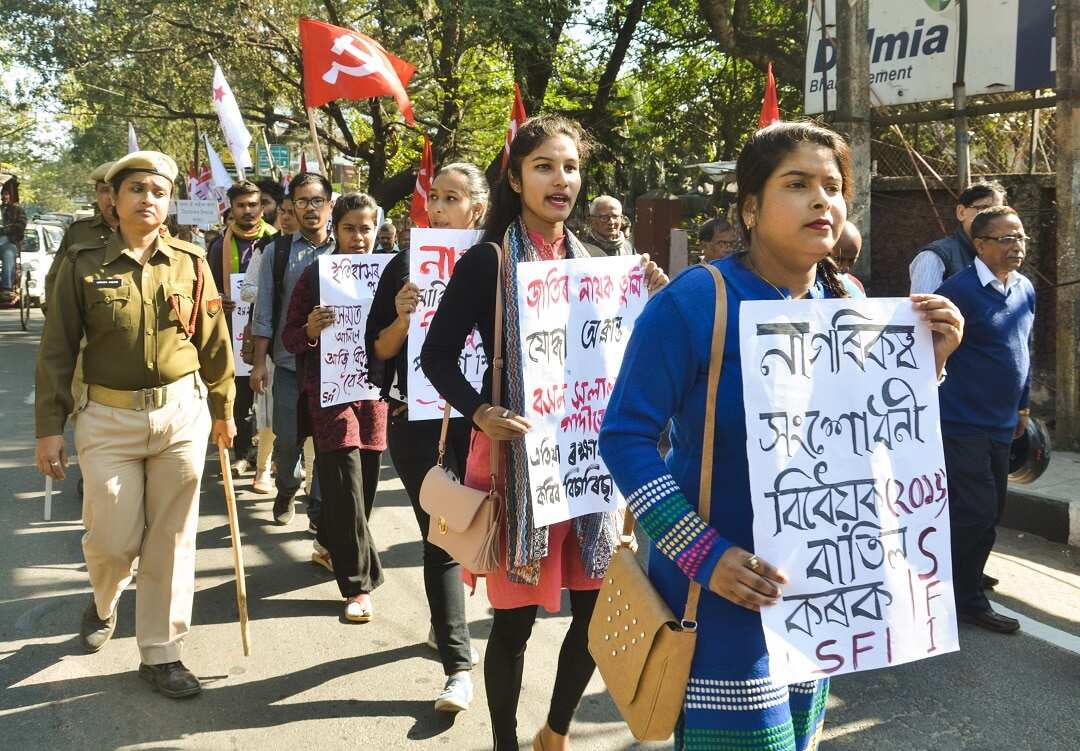 Left Democratic Front activists hold placards during a protest rally against Citizen (Amendment) Bill 2016, in Guwahati, Assam, India Monday, Jan 7, 2019. (Photo by David Talukdar/NurPhoto/Sipa USA).