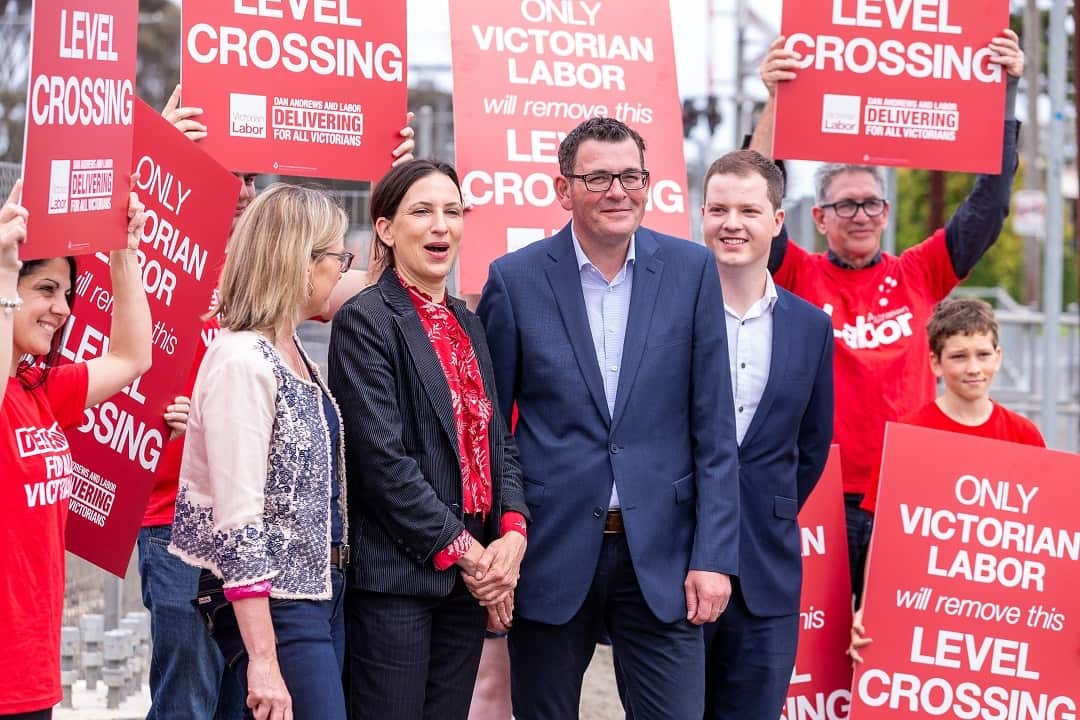 Victorian Premier Daniel Andrews Candidate for Bass Jordan Crugnale (centre) and Transport Minister Jacinta Allan (left).