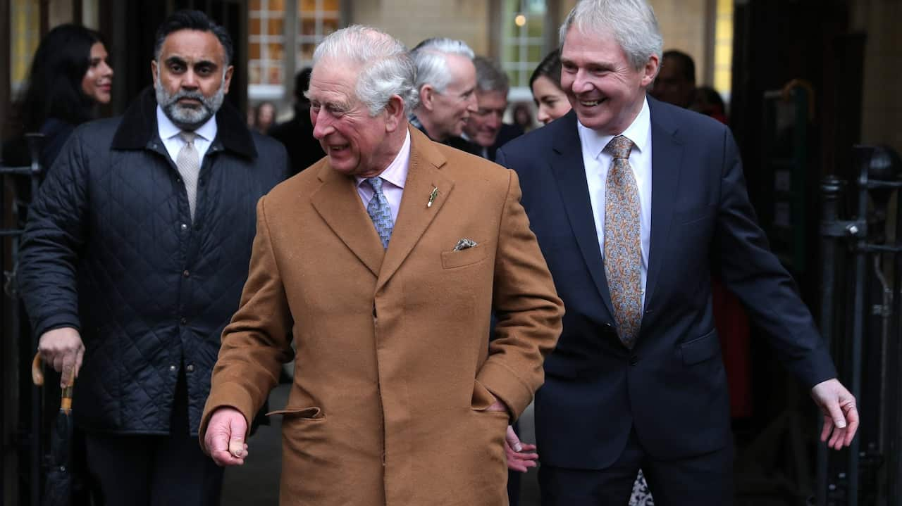 The Prince of Wales (centre) is met by principal Sir Nigel Shadbolt (right) as he arrives for a visit to Jesus College in Oxford on 5 March 2020. 