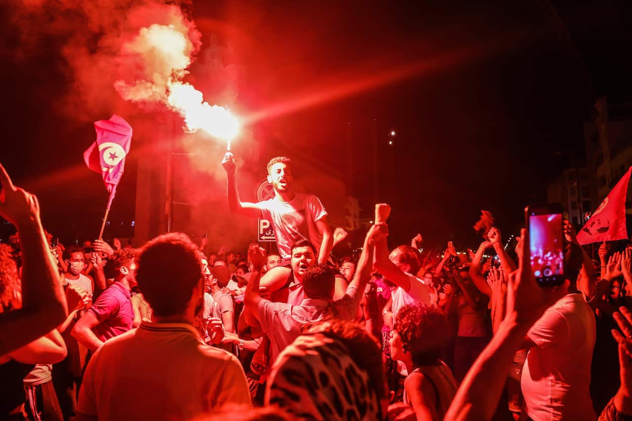 Supporters of Tunisia's President Kais Saied gather on the streets 