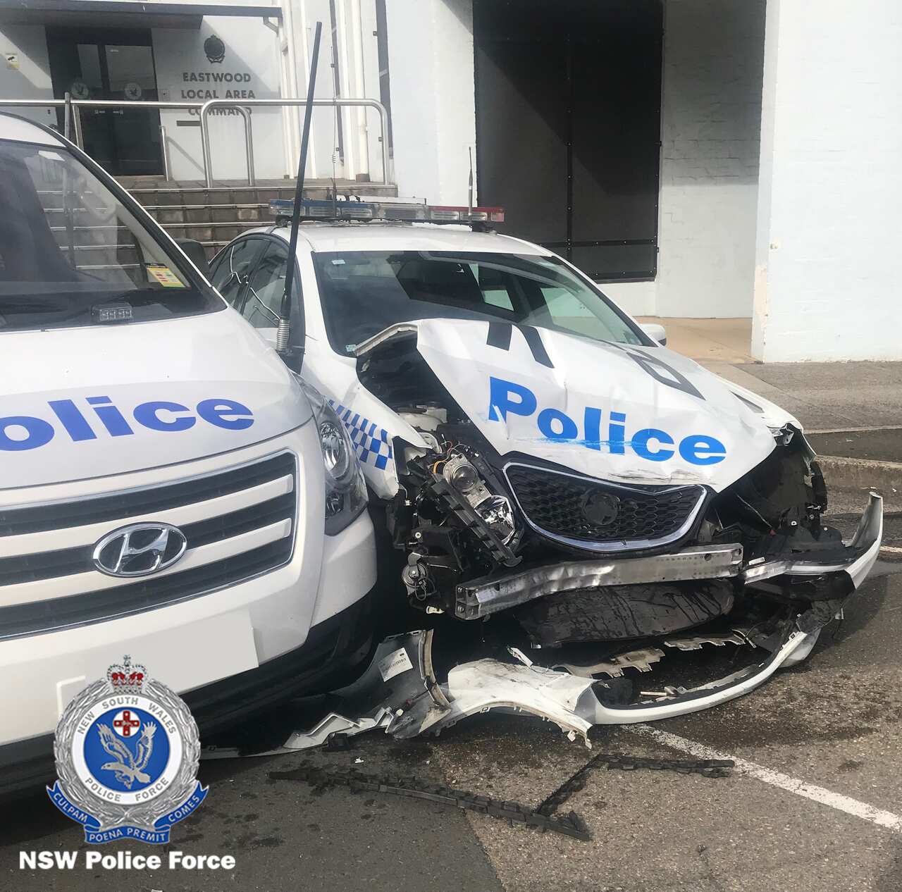 One of the police vehicles was written off while the other was slightly damaged.