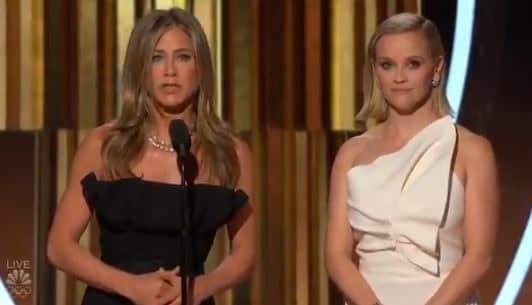 Jennifer Aniston reads out the Aussie star's statement at the Golden Globes.