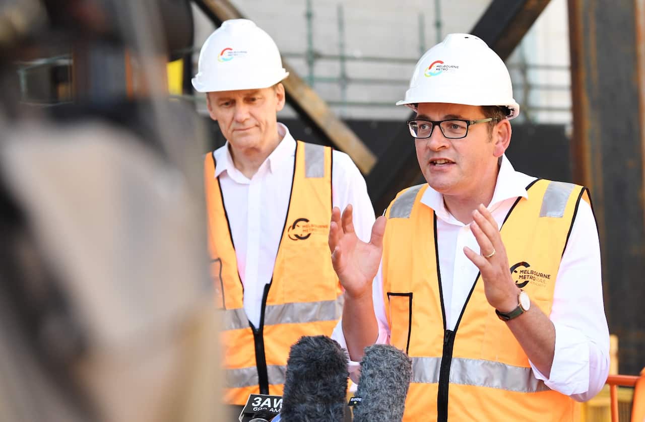 Premier of Victoria, Daniel Andrews addresses the media at a construction site for one of the new Metro Tunnel train stations in Melbourne's CBD