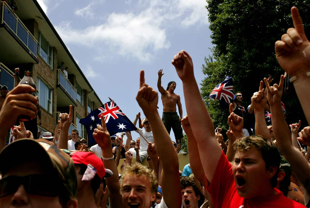 A crowd gathers outside Northies Hotel in Cronulla on 11 December, 2005.