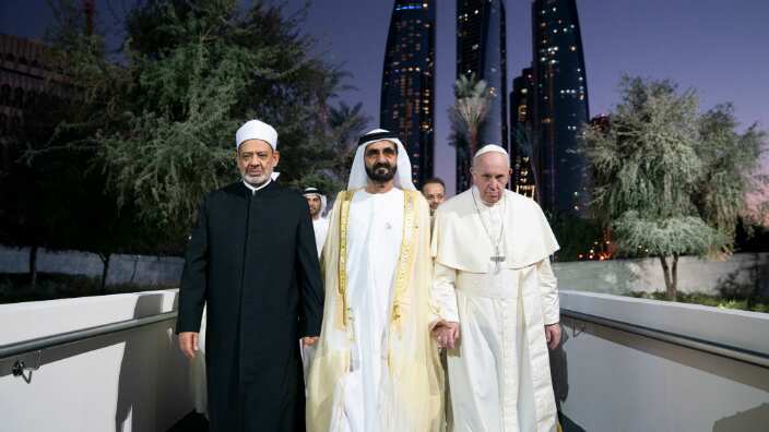 HH Sheikh Mohamed bin Rashid Al Maktoum, Ruler of Dubai, Pope Francis and Dr Ahmad Al Tayyeb, Grand Imam of the Al Azhar Al Sharif