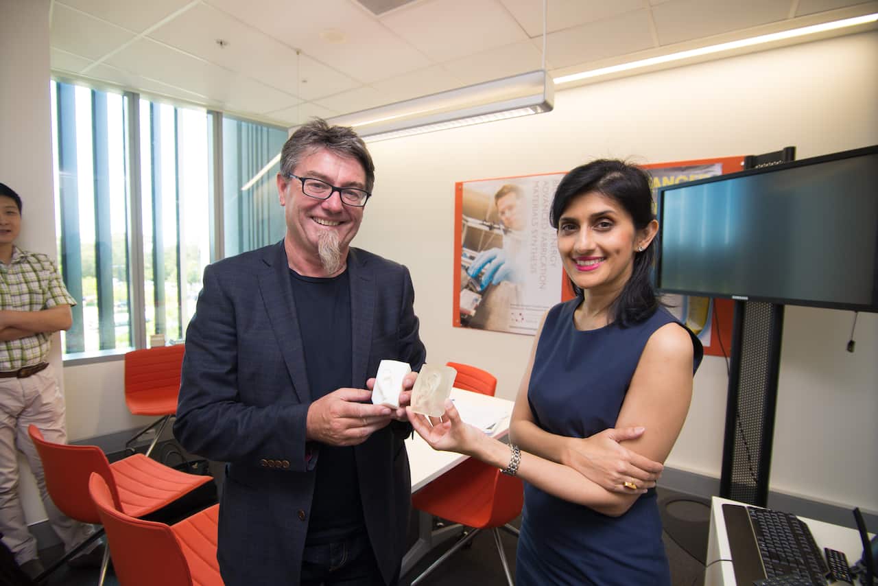 Prof Gordon Wallace (L) from ACES (ARC Centre of Electromaterial Science) in the university of Wollongong with Dr Payal Mukherjee.
