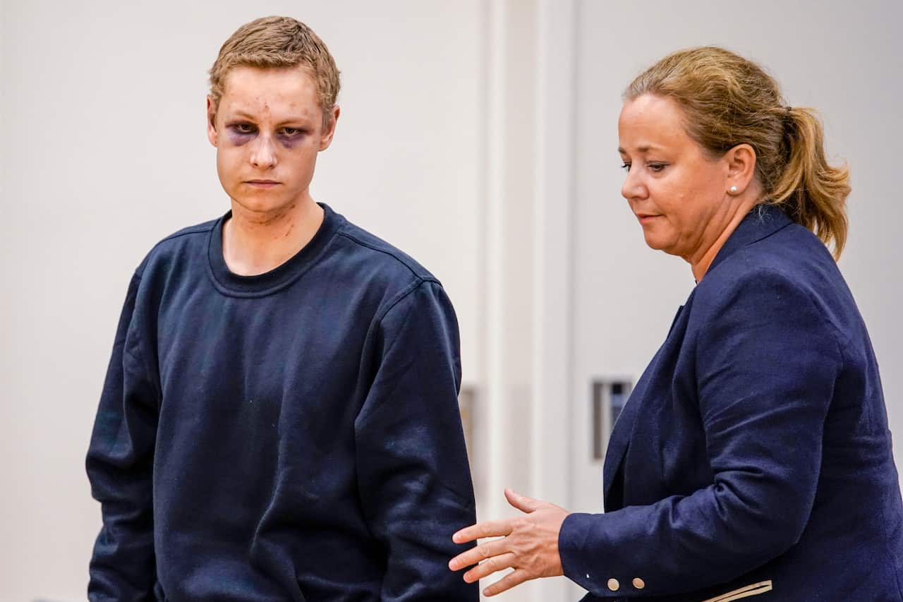 Terror charged Philip Manshaus (L) and his lawyer Unni Fries appear in court hearing, 12 August, 2019.