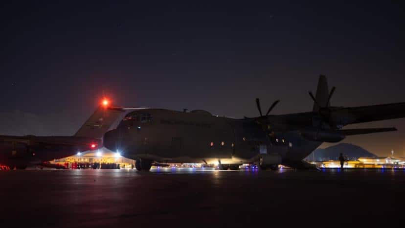 Evacuees arriving in Perth in a Hercules.