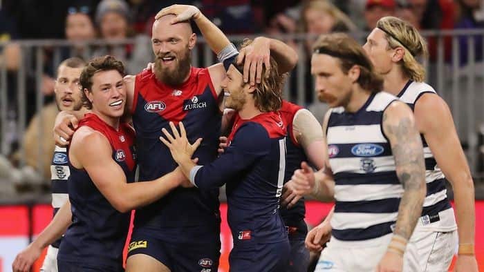Melbourne players in their win against Geelong.