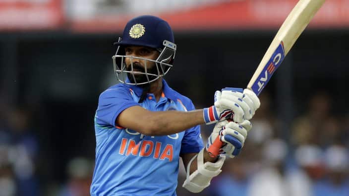 Indian cricket player Ajinkya Rahane bats during the third one-day international cricket match between India and Australia in Indore, India, Sunday, Sept. 24, 2017. (AP Photo/Rajanish Kakade)