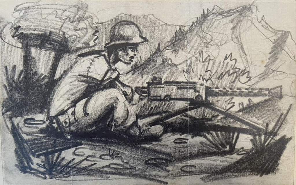 'Machine gunner, Antone, in position'
