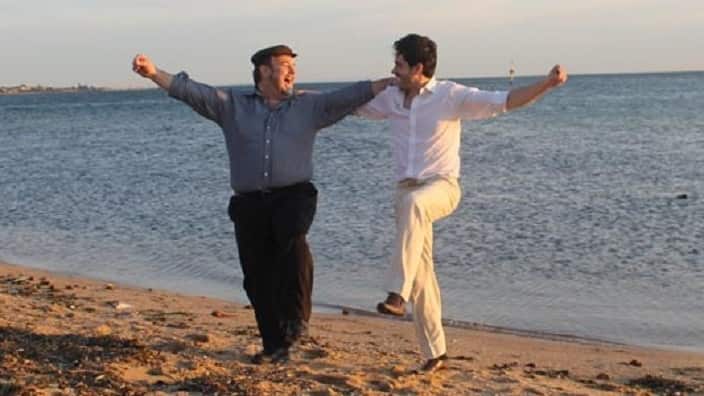 Alex Tsitsopoulos as Nikos Kazantzakis (R), and Kostas Philopoulos as Zorbas, at 'NK: A Kazantzakian Montage' theatre play (2017).