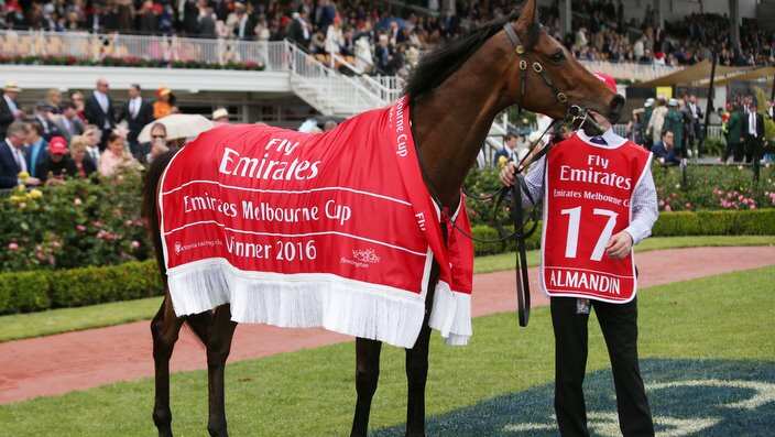 Almandin is paraded after winning the 2016 Melbourne Cup on Melbourne Cup Day at Flemington Racecourse in Melbourne, Tuesday. Nov. 1, 2016. (AAP Image/David Crosling) NO ARCHIVING, EDITORIAL USE ONLY