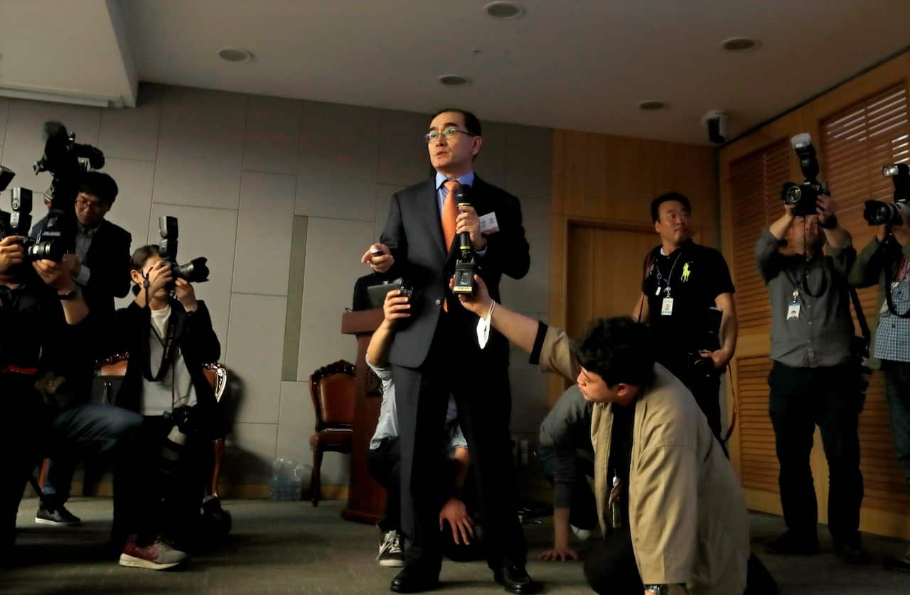  Thae Yong-ho, former North Korea's deputy ambassador to Britain, speaks during a press conference on during the North Korea-US summit in May 2018