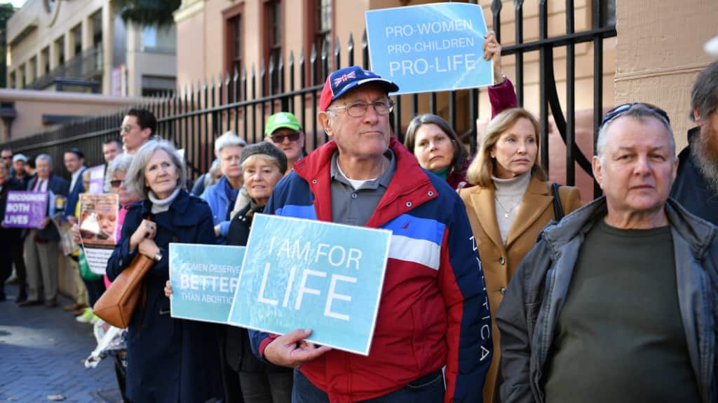 Anti-abortion protesters at a rally outside the NSW Parliament house in Sydney.