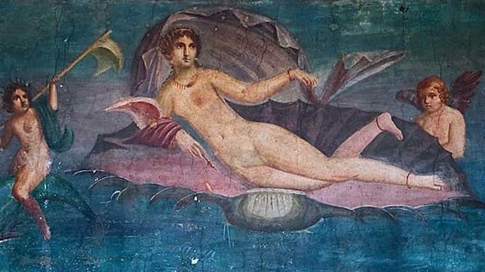 Wall painting from Pompeii of Venus rising from the sea on a scallop shell, believed to be a copy of the Aphrodite Anadyomene by Apelles of Kos.
