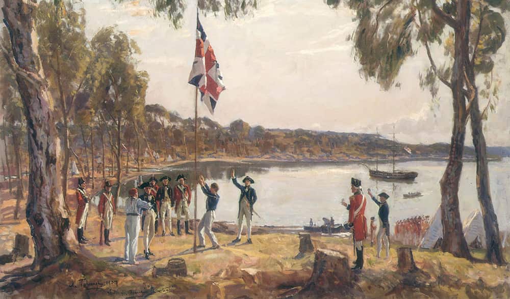 Capt. Arthur Phillip raising the British flag at Sydney Cove, 26 January 1788