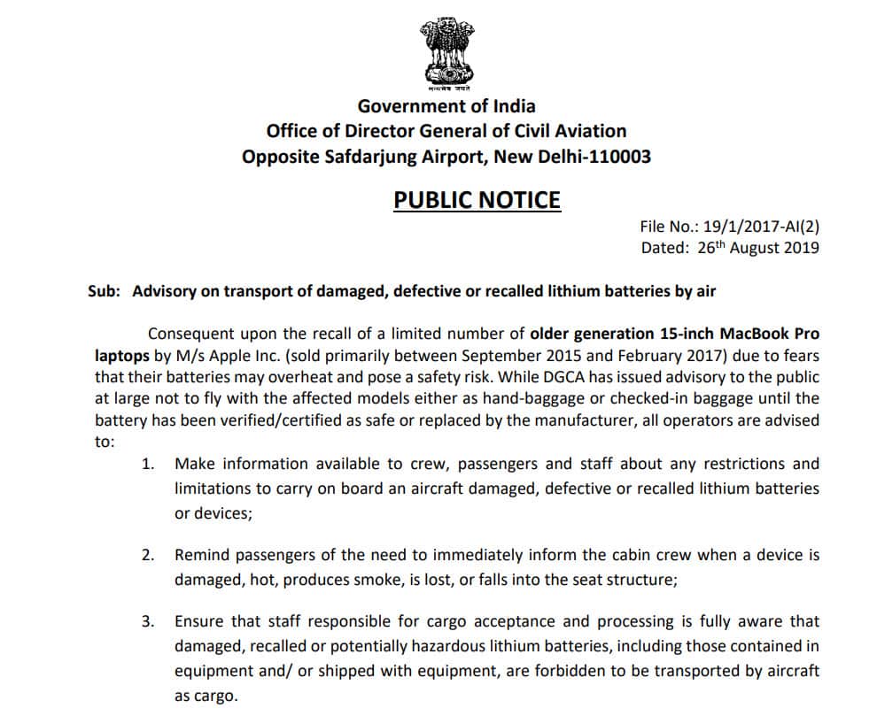 Statement issued by Office of Director General of Civil Aviation (DGCA), Government of India. 