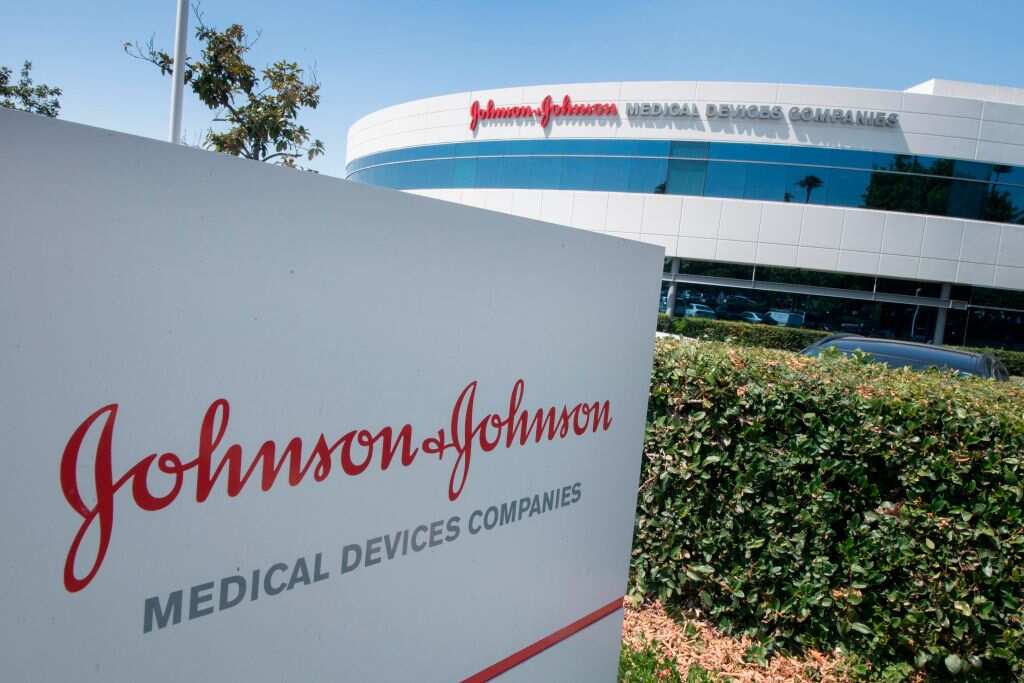 An entry sign to the Johnson & Johnson campus shows their logo in Irvine, California on August 28, 2019