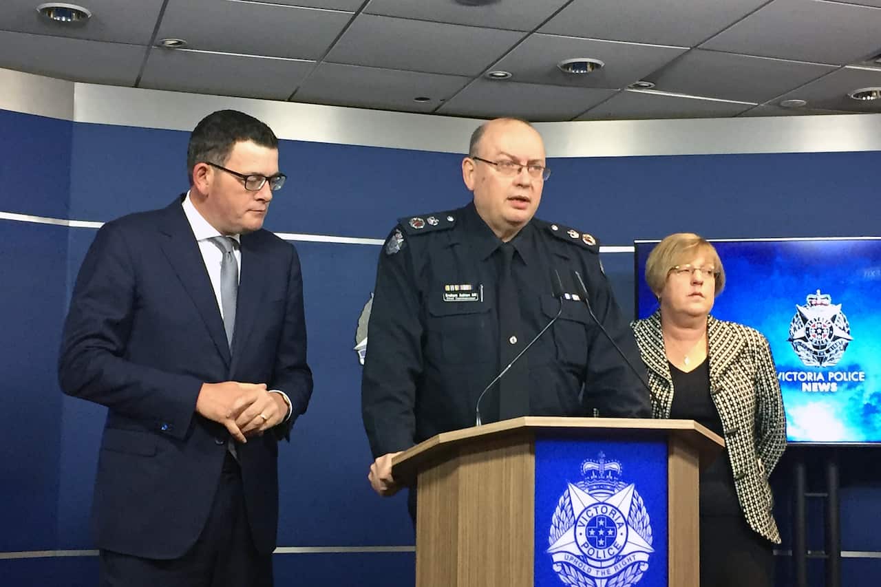 (L-R) Victoria Premier Daniel Andrews, Victoria Police Chief Commissioner Graham Ashton and Victoria Police Minister Lisa Neville addressing media in Melbourne.