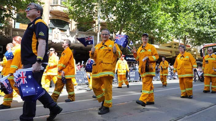 Volunteer fireighters in the Australia Day parade, Melbourne 2020
