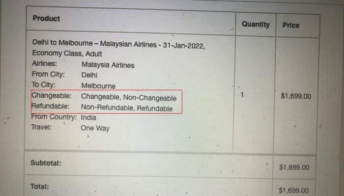 Booking screenshot supplied by Amrit Bhangal with unclear terms and conditions.