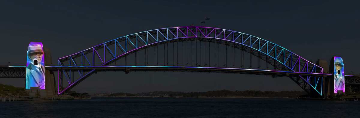 Artist's Impression of the Sydney Harbour Bridge 90th Anniversary light display.