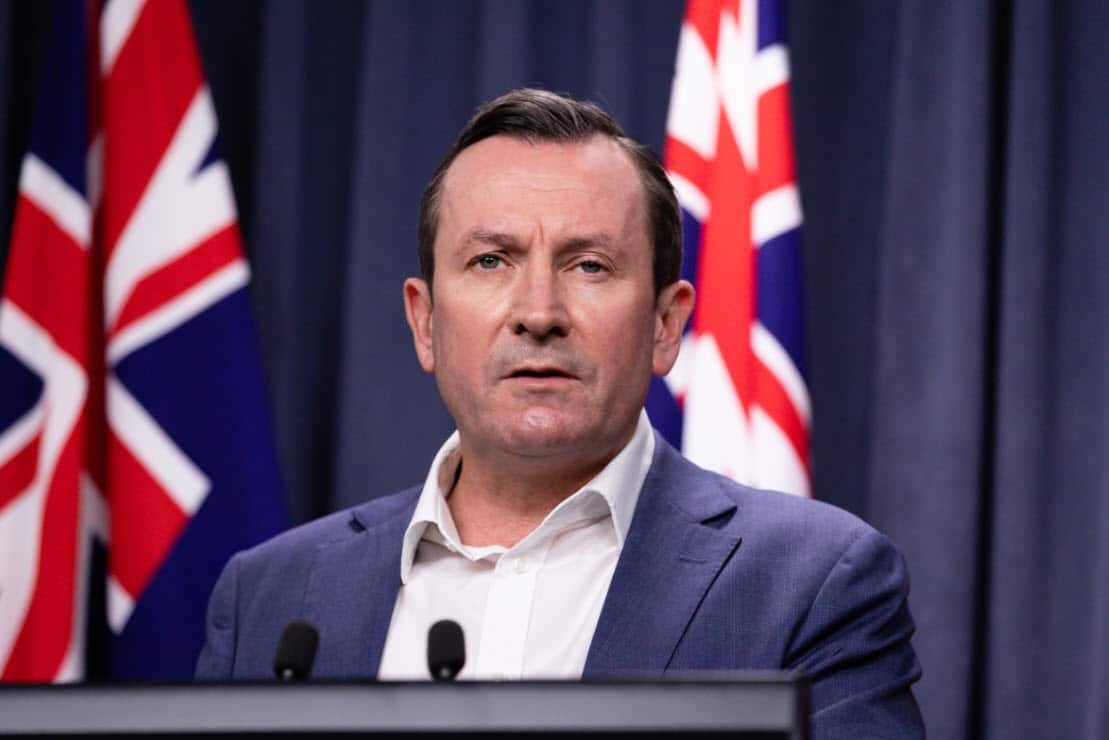 West Australia Premier Mark McGowan speaks to the media during a press conference in Perth, Sunday, May 2, 2021