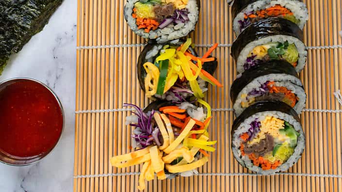 Kimbap is a typical dish found in many lunch boxes in South Korea.