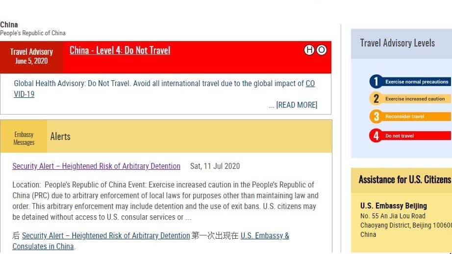US Travel Advisory Warnings to China