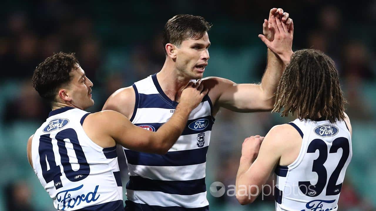 Tom Hawkins (C) kicked three goals in Geelong's 27-point AFL win over Brisbane at the SCG in July 2020. 