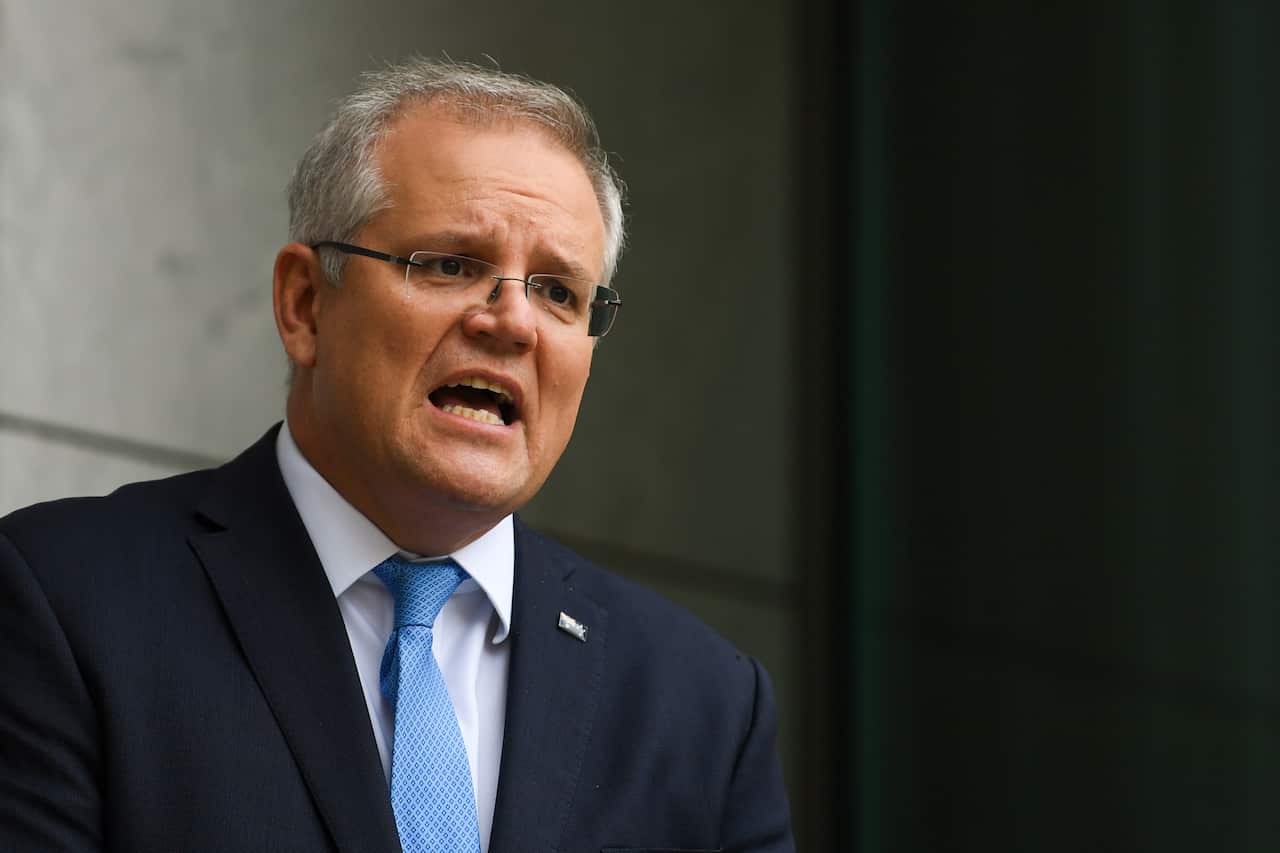 Australian Prime Minister Scott Morrison speaks to the media during a press conference at Parliament House in Canberra.