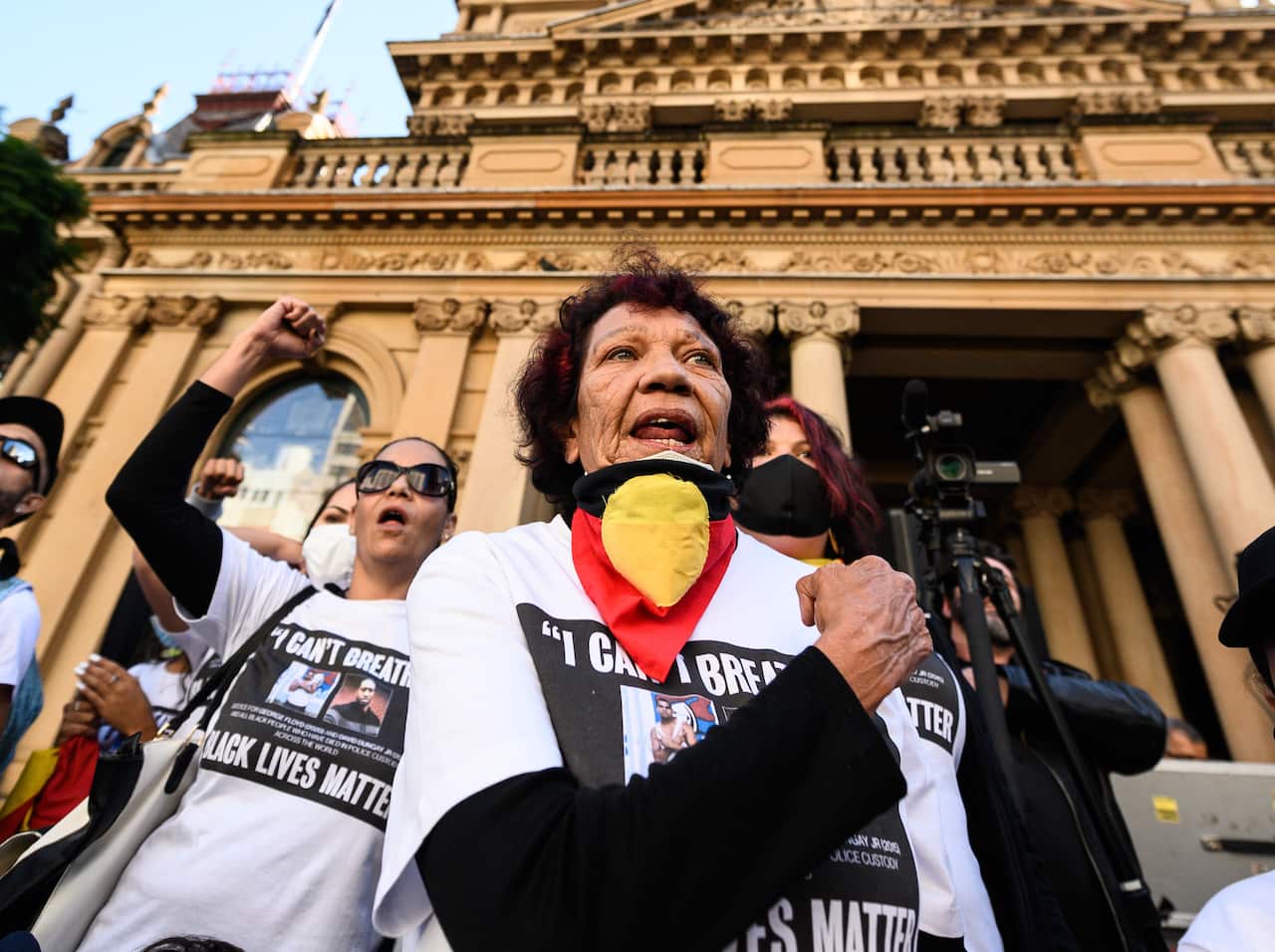 Leetona Dungay participating in a Black Lives Matter rally in Sydney, Saturday, June 6, 2020. A protest against the deaths of Aboriginal people in custody and solidarity with the US protests for George Floyd. (AAP Image/James Gourley) NO ARCHIVING