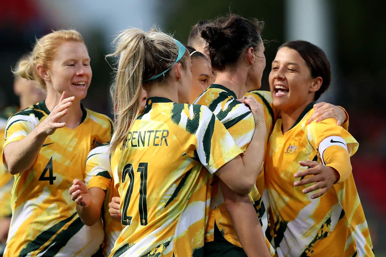 The Matildas celebrate a goal during the International friendly match between Australia and Chile at Coopers Stadium in Adelaide, Tuesday, November 12, 2019. (AAP Image/James Elsby) NO ARCHIVING, EDITORIAL USE ONLY