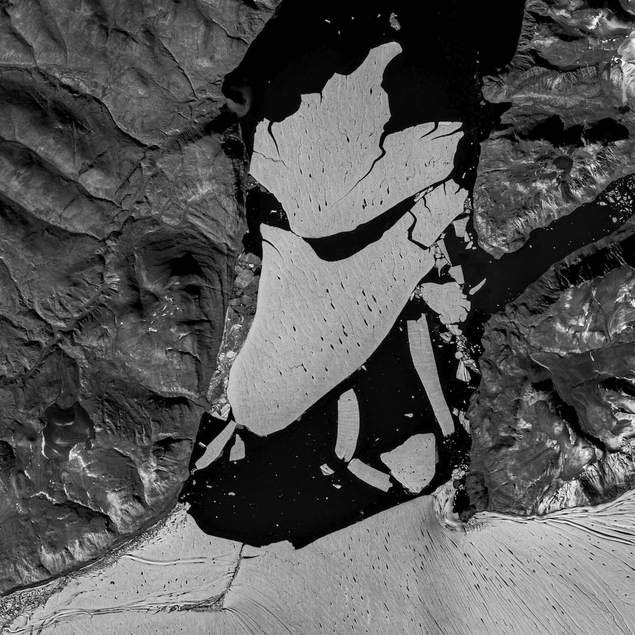 An image showing the glacier section that broke off the fjord called Nioghalvfjerdsfjorden. 14 September, 2020.