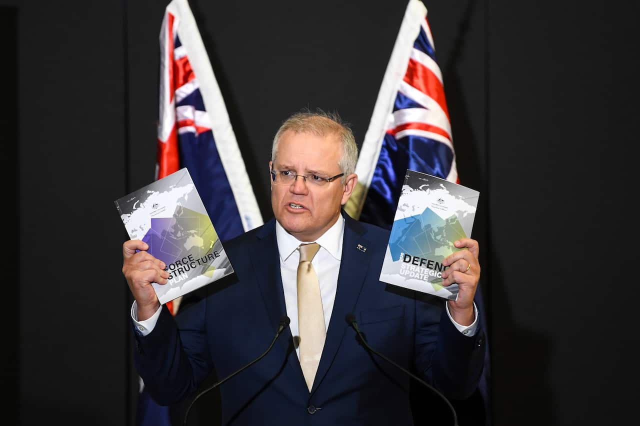 Prime Minister Scott Morrison speaks during the launch of the 2020 DefenceStrategic Update at the Australian Defence Force Academy in Canberra.