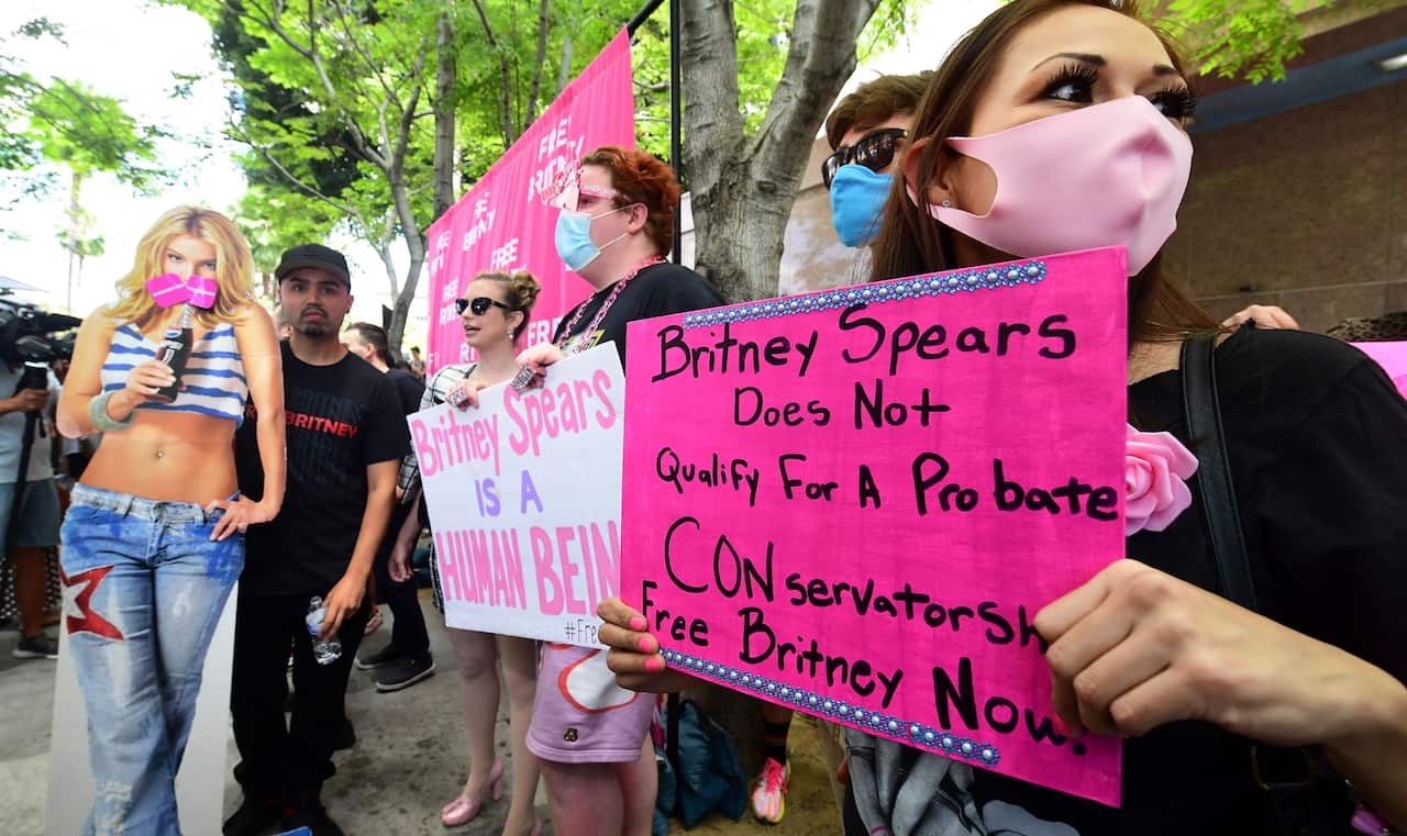 Fans and supporters of Britney Spears gather outside the County Courthouse in Los Angeles.