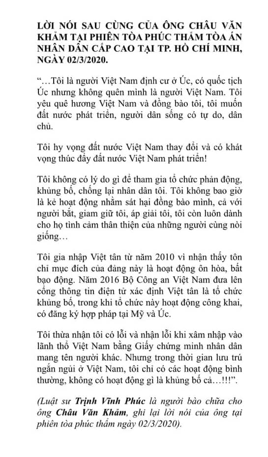 Lời nói sau cùng của ông Khảm tại phiên tòa phúc thẩm