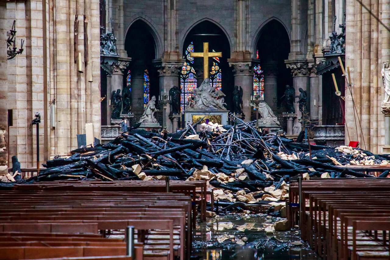 The damaged interior of Notre Dame Cathedral in Paris on Tuesday, April 16, 2019. 