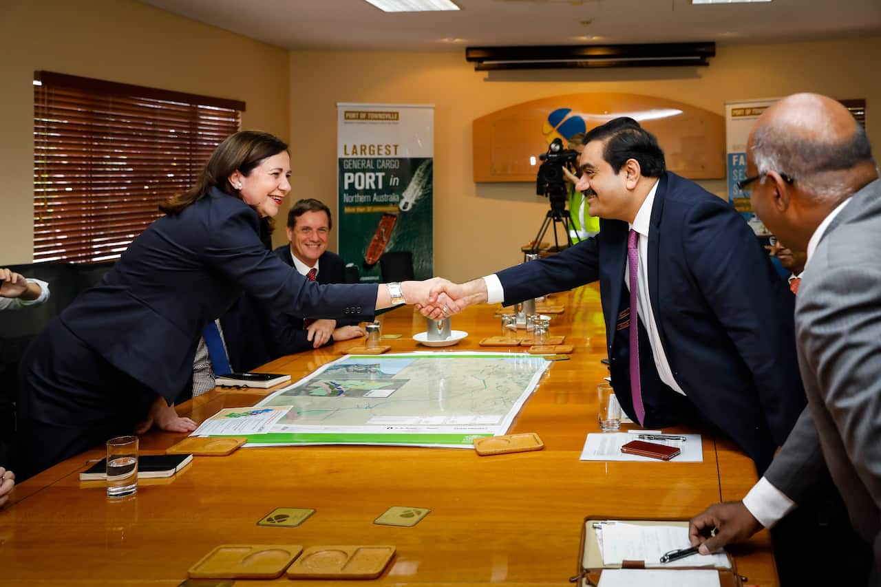 Adani Group chairman Gautam Adani meets with Queensland premier Annastacia Palaszczuk at the Port of Townsville