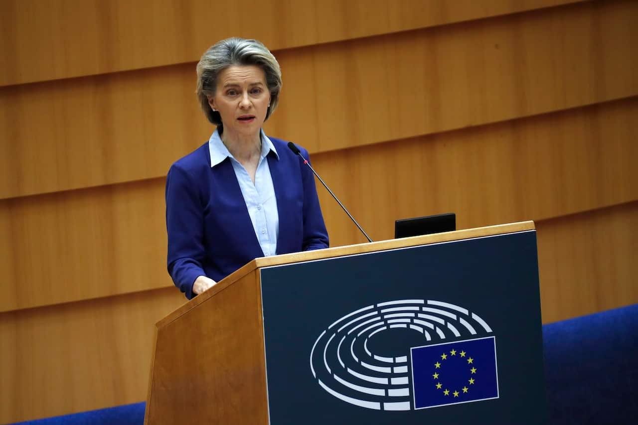 European Commission President Ursula von der Leyen speaks during a debate on the united EU approach to COVID-19 vaccinations at the European Parliament.