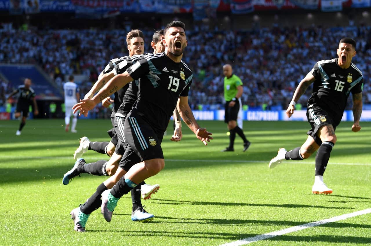 Serigo Aguero of Argentina celebrates after scoring his team's first goal during the 2018 FIFA World Cup